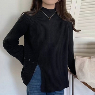 设计感新款秋冬毛衣开叉半高领女纽扣加厚上衣打底衫针织套头宽松