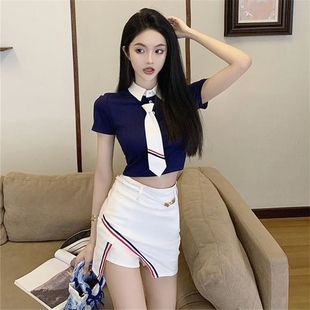 时尚活力运动新款翻领短款上衣+领带+不规则短裙套装配腰带女夏装