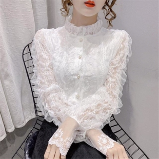 新款衬衣加绒秋冬蕾丝风法式女保暖超仙内搭衬衫开衫立领外穿