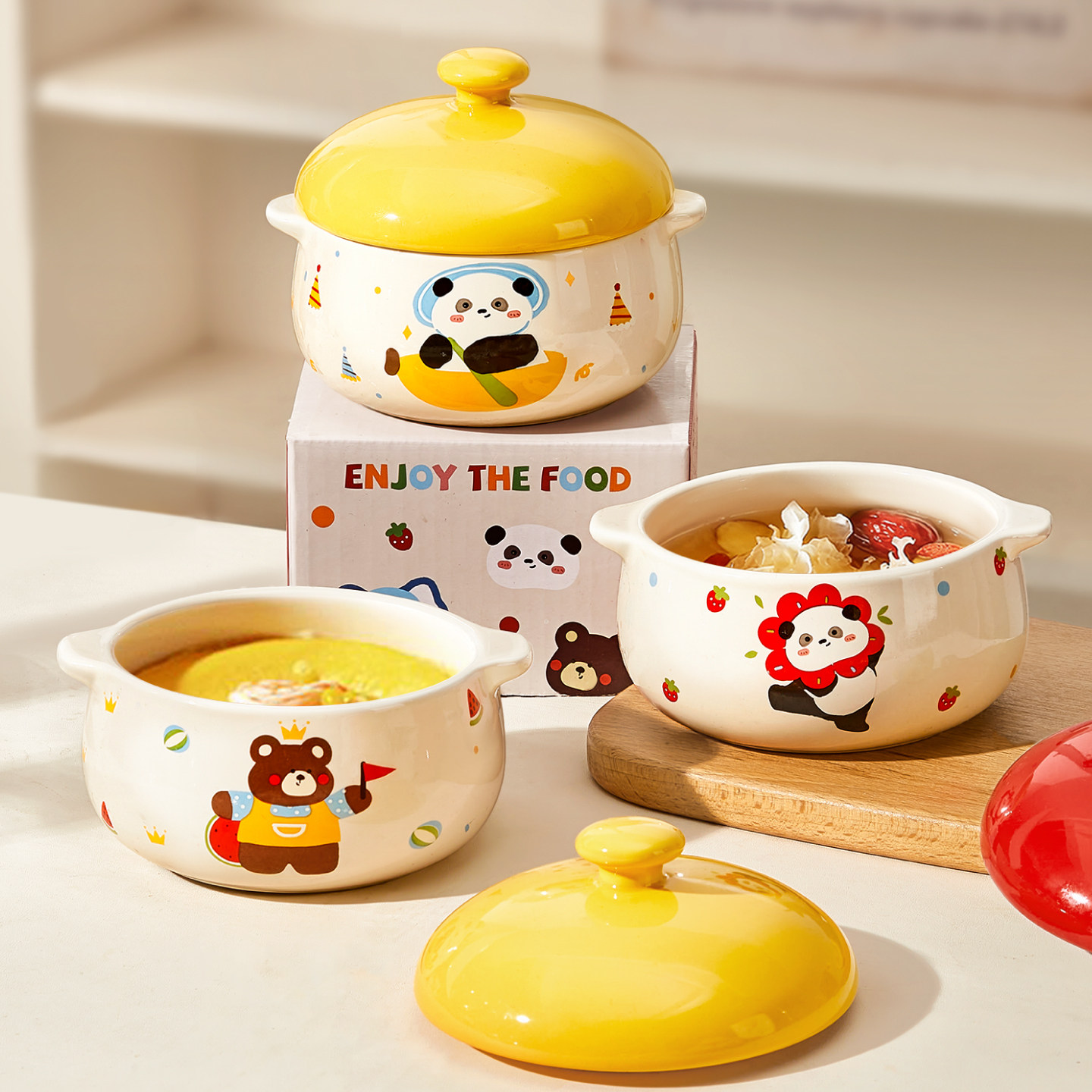 可爱陶瓷双耳蒸蛋碗蒸鸡蛋羹碗专用碗带盖炖盅家用隔水炖儿童蒸碗