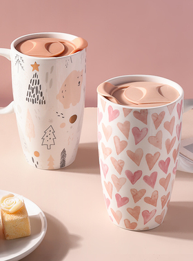 墨色大容量马克杯带盖陶瓷杯子女生夏季创意家用喝水杯情侣咖啡杯