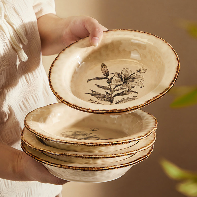 中古风陶瓷盘子家用菜盘草帽盘餐具高级感好看的精致漂亮深盘餐盘,餐饮具,盘,淘宝优惠券,粉丝福利购,淘宝优惠卷