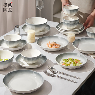 高颜值吃饭小碗简约大碗汤碗面碗鱼盘 墨色陶瓷米饭碗家用2025新款