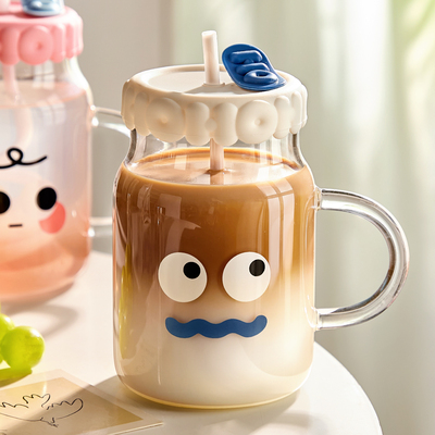 高硼硅玻璃吸管杯女高颜值办公室水杯咖啡杯带把手带盖耐高温杯子