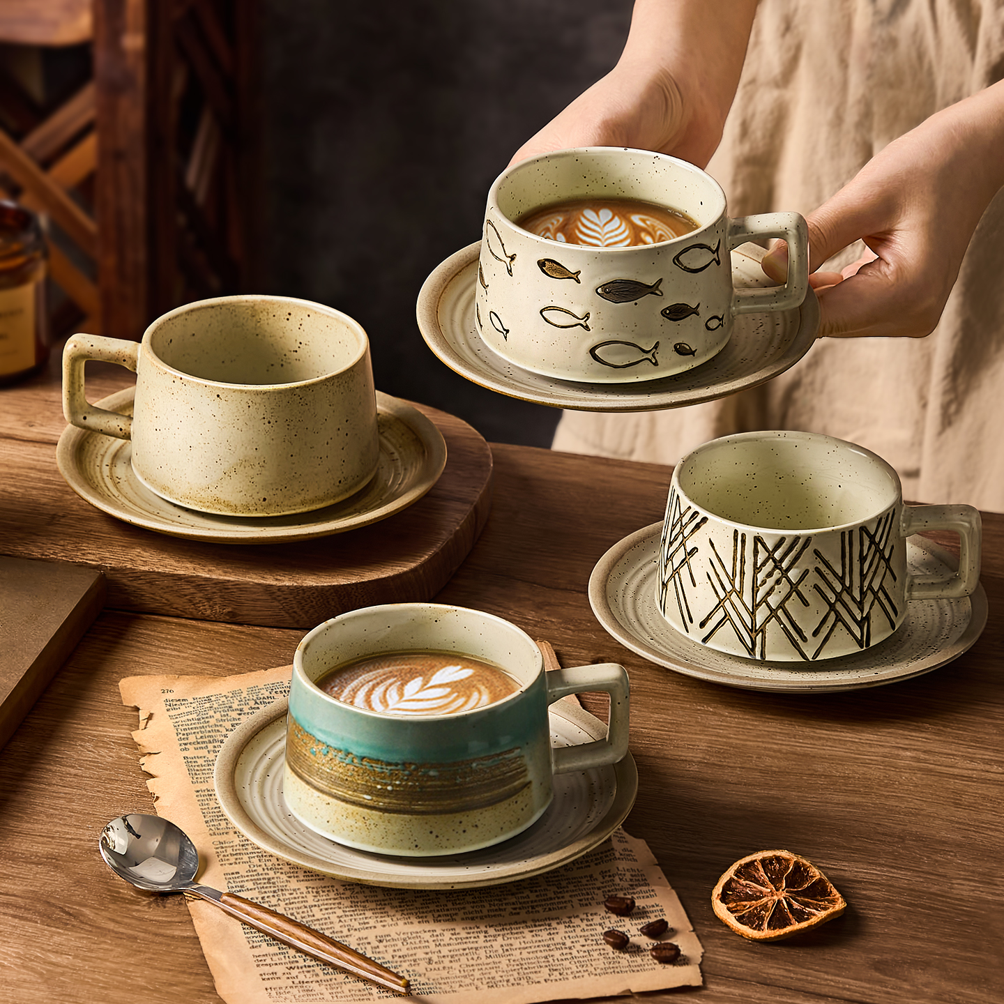 墨色复古咖啡杯碟高档精致陶瓷拿铁拉花杯子创意粗陶高级感马克杯