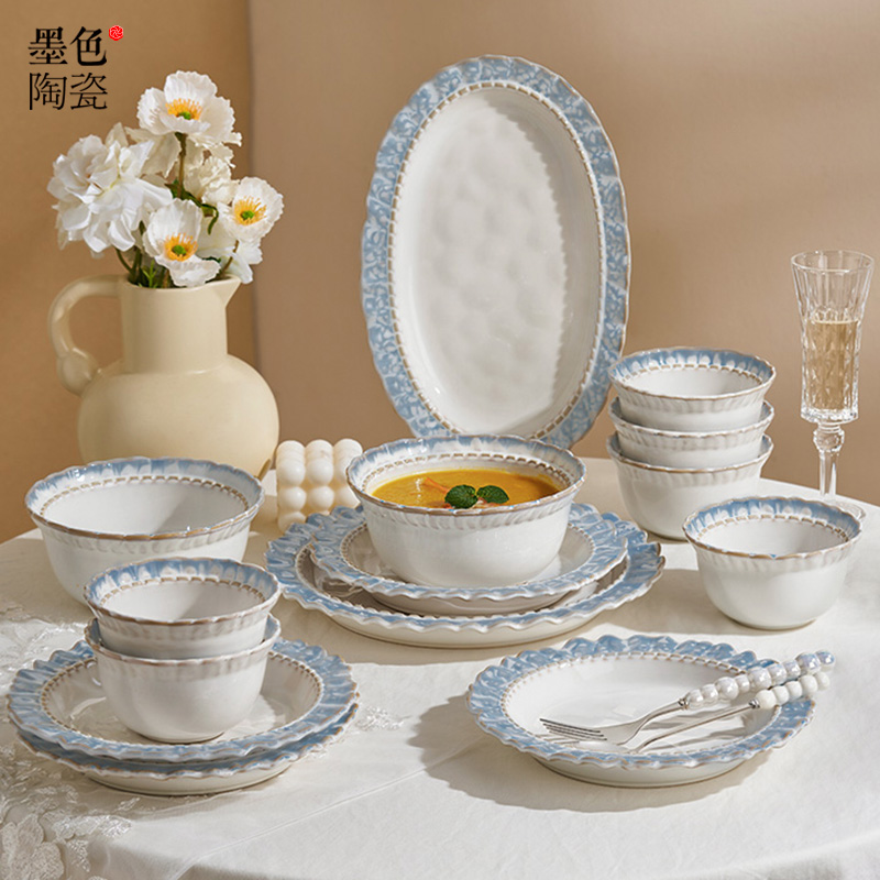 墨色法式碗碟套装家用复古陶瓷餐具结婚乔迁轻奢碗盘筷新婚送礼物