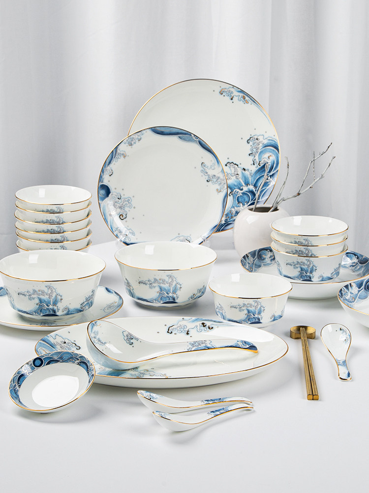 Ink color Chinese hand-painted bone China bowl set set Home ceramic bowl Jingdezhen blue and white porcelain tableware ride the wind