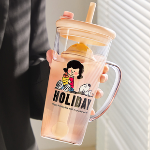 高硼硅玻璃吸管杯女高颜值水杯夏天家用带盖带把手奶茶果汁咖啡杯