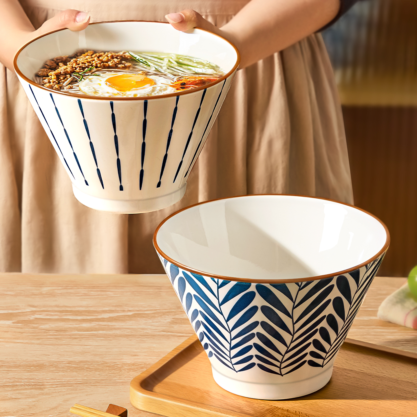 日式青花斗笠面碗7英寸吃面碗