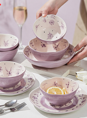 墨色原创日式陶瓷碗碟套装家用紫色餐具碗盘子饭碗面碗好看的小碗