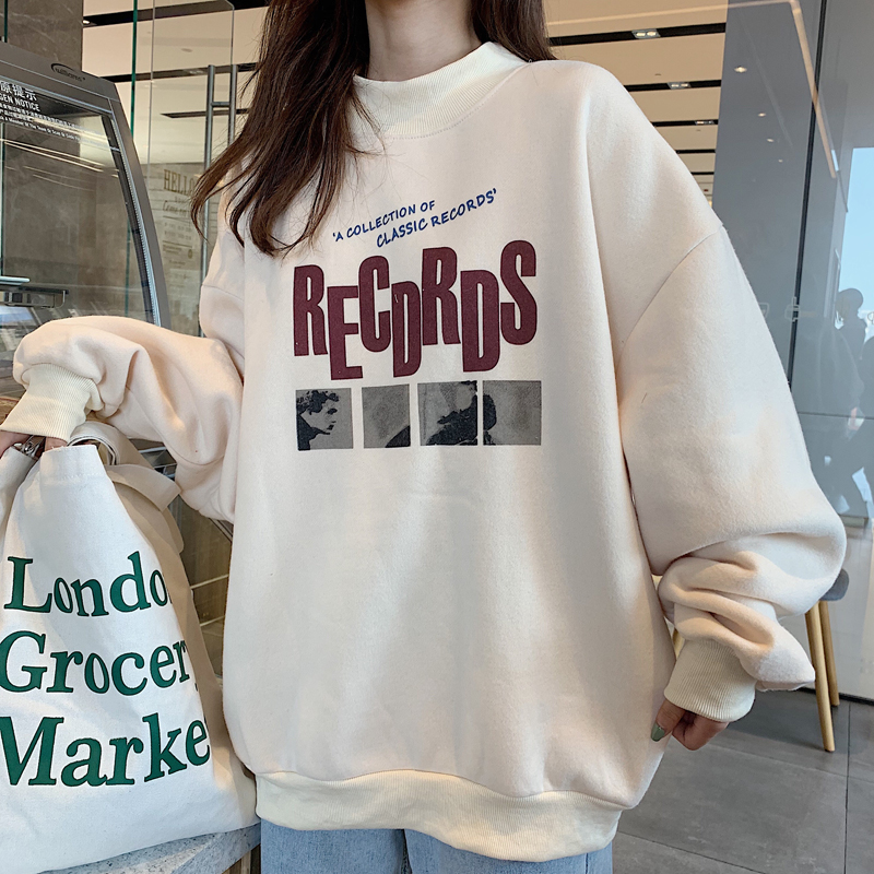 Real shot of 250g winter half high collar sweater women Plush casual loose Pullover printing clothes