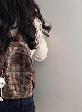 复古格子小型双肩包女韩版ins高中大学生书包女大容量学院风背包