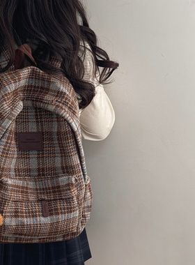 日系ins秋冬复古格子书包女 韩版高中学生初中生双肩包百搭小背包