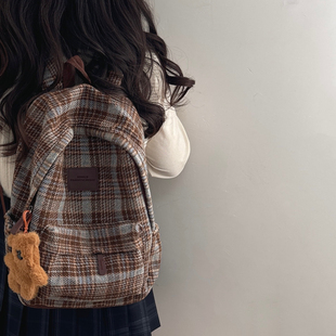 日系ins秋冬复古格子书包女 高中学生初中生双肩包百搭小背包 韩版