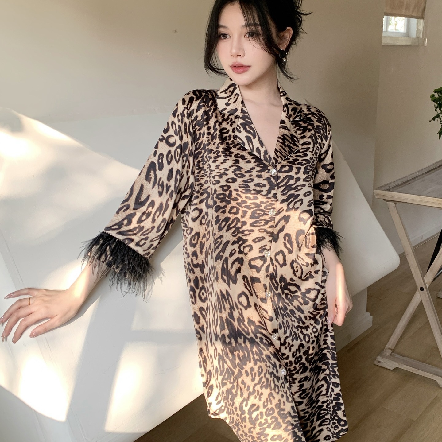 韩版春夏睡衣新款韩版时尚睡衣女丝绸连体长衫衬衫裙