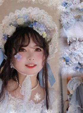 【尾巴】lolita原创手作+sax水蓝色波奈特bb帽+发带+手袖+圣诞g