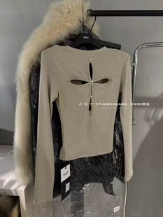 十三行2026春秋新款时尚显瘦长袖V领背后镂空 打底衫上衣女