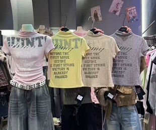 2026春季新款韩版时尚百搭显瘦半高领卡通印花短袖T恤女上衣女潮