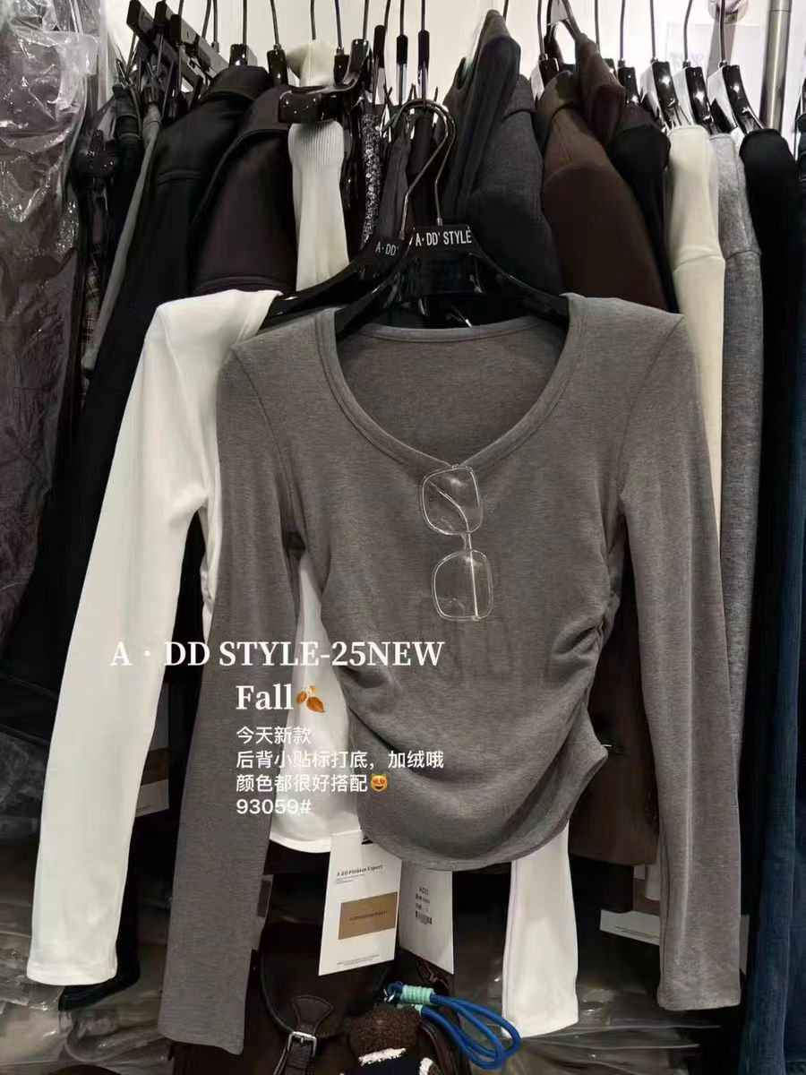 韩国东大门2025冬季新款Ｖ领加绒T恤褶皱女长袖百搭上衣打底衫