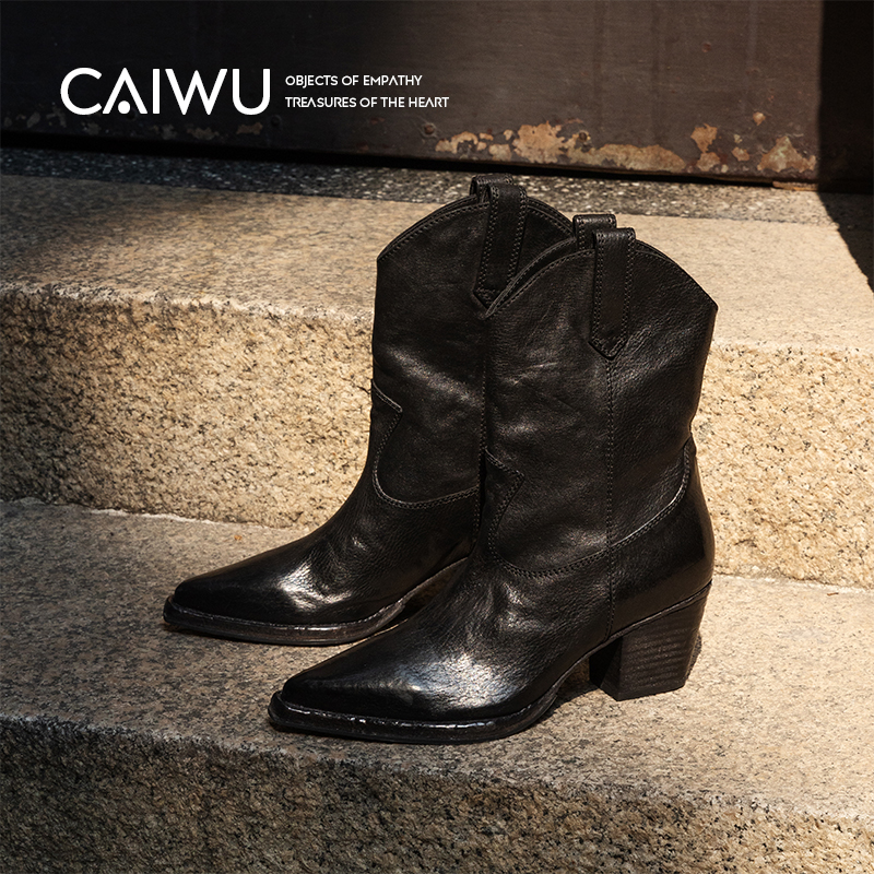 【彩物】经典切尔西短靴2025新款踝靴真皮V口粗跟尖头靴子女中跟