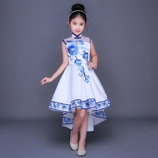 新款女童连衣裙公主裙表演服装儿童中国风裙青花瓷古筝演出服套装