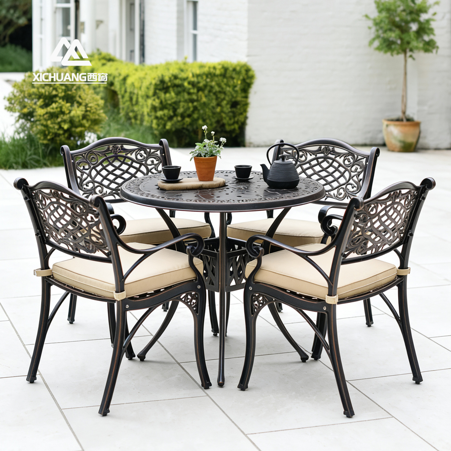 西窗铸铝雕花圆形户外桌椅套装