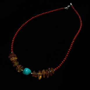 设计师手作项链S925银随型琥珀天然绿松石项链小众纳瓦霍项链