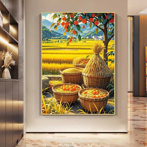 金秋丰收五谷丰登壁画柿柿如意硕果装饰画餐厅客厅挂画中式玄关画