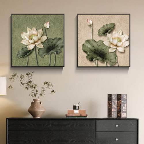 中古风荷花装饰画玄关走廊挂画