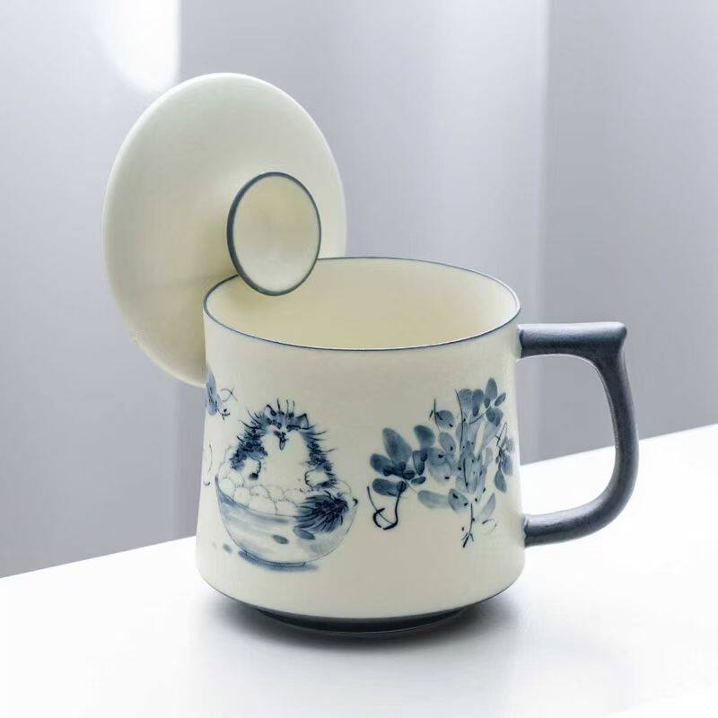 福猫泡茶杯精致好看的高档陶瓷水杯办公室喝水杯子马克杯私人订制