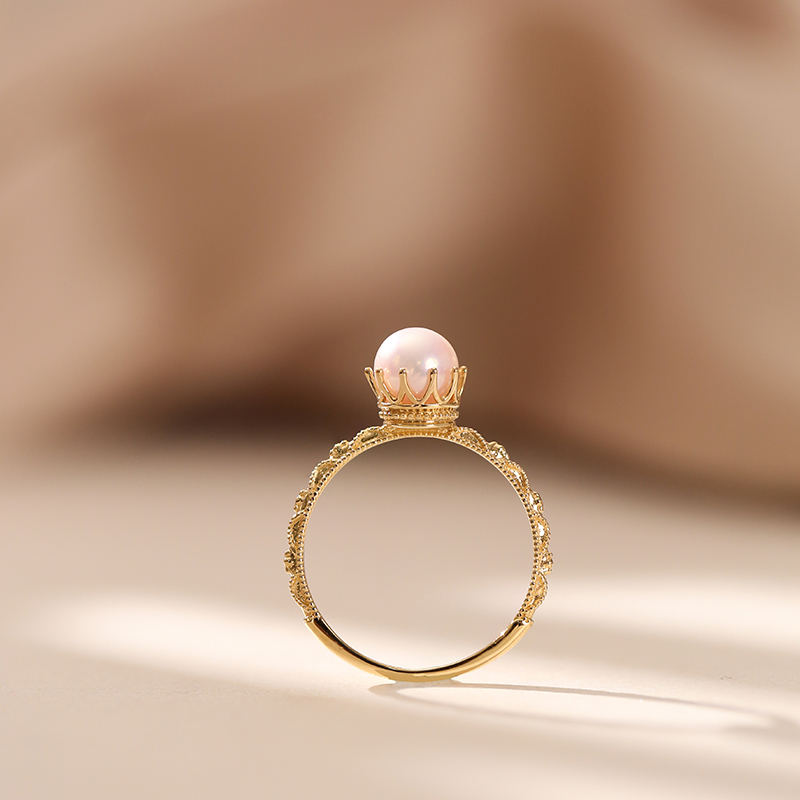 复古宫廷风Akoya天然海水天女珍珠戒指18K金皇冠花珠复古气质女戒