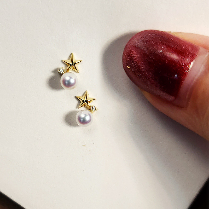 现货18K金akoya珍珠耳钉星星钻石彩凛珠天女珠迷你日本珍珠小耳钉
