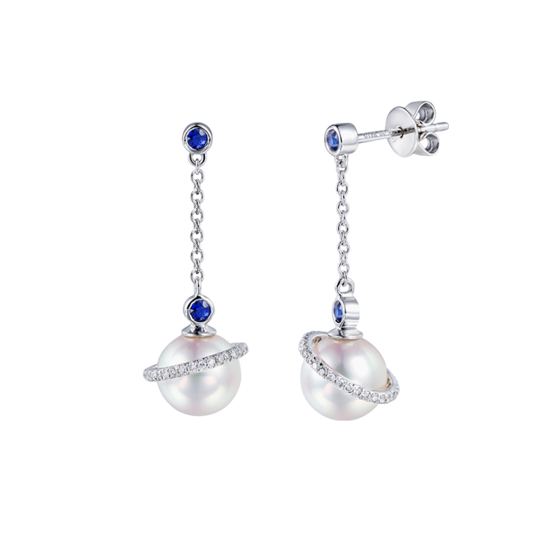 现货星球系列天女akoya海水珍珠耳环18K金钻石耳钉天然蓝宝石耳线