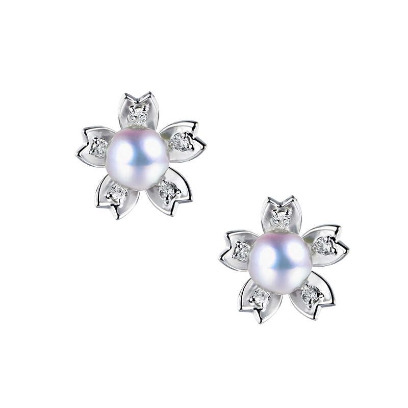 18K金樱花珍珠耳钉日本天然akoya海水天女珍珠彩凛珠钻石菊花耳钉