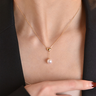 情人节礼物Akoya天女海水珍珠吊坠18K金心形项链可调节Y字链