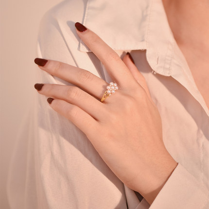 日本Akoya天然海水天女珍珠戒指18K黄金镶钻baby珠指环mini珍珠女