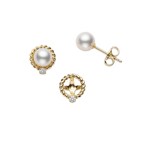 M家日本Akoya天然天女珍珠麻花18K黄金耳钉两用耳环钻石耳饰