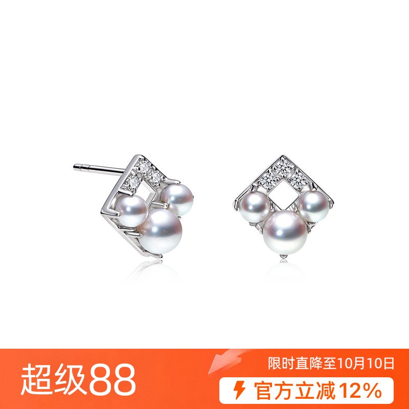 日本akoya天然海水珍珠耳环高品质天女耳钉18K金钻石款耳夹女