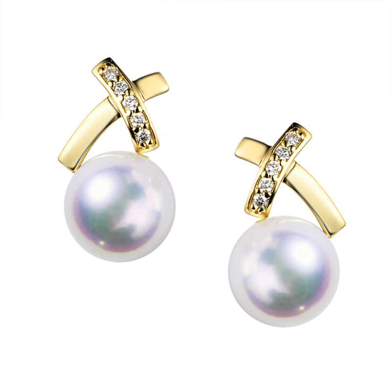 现货X款日本Akoya天然海水珍珠天女耳钉交叉钻石18K金耳环耳饰