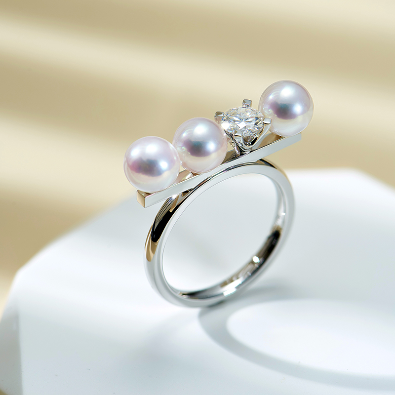 T家同款天女级Akoya海水珍珠戒指18k白金培育钻石三珠平衡木钻石