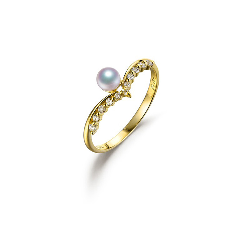 日本Akoya天然海水天女珍珠戒指18K金镶嵌钻石V型皇冠戒指