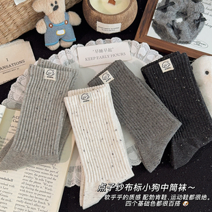 新款点子纱可爱小狗布标袜子女中筒袜ins潮棉袜春秋女生堆堆长袜