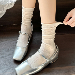 白色堆堆袜子女木耳边网眼透气夏季 纯棉夏天卷边芭蕾风中筒袜 薄款