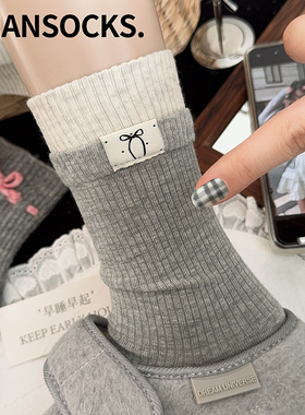 布标蝴蝶结袜子女中筒袜春秋款棉袜灰色白色双罗口女生ins潮长袜