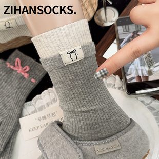 布标蝴蝶结袜子女中筒袜春秋款 棉袜灰色白色双罗口女生ins潮长袜