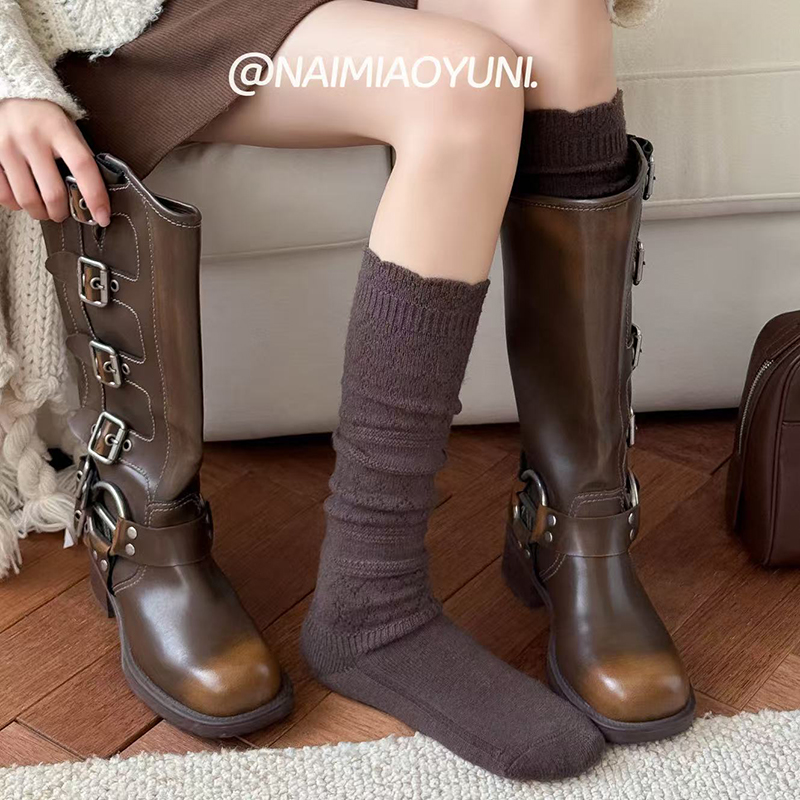 咖色羊毛小腿袜子女秋冬款堆堆袜
