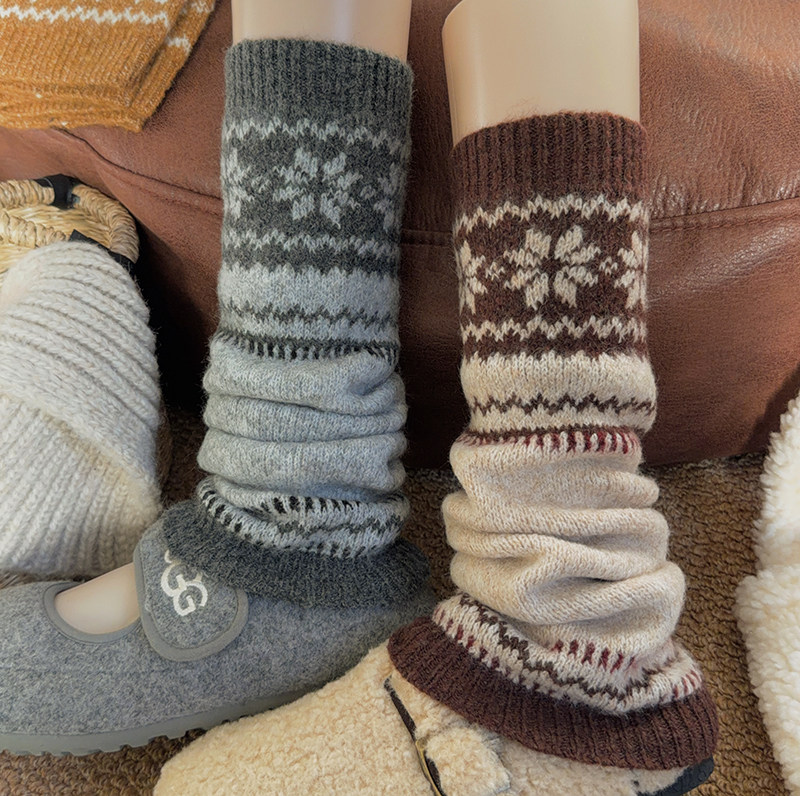 复古费尔岛袜套女保暖羊毛堆堆袜