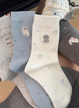 新款灰色可爱袜子女中筒袜ins潮棉袜春秋日系卡通蝴蝶结堆堆长袜
