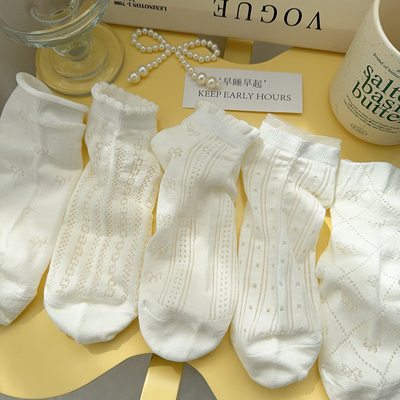 白色纯棉夏季薄款无骨花边袜