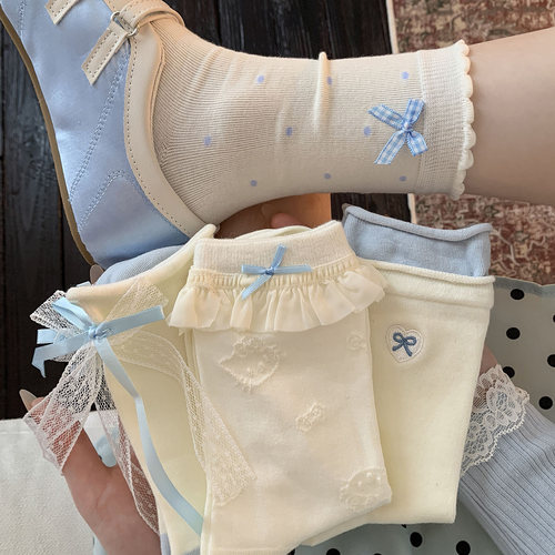 白蓝色花边袜子女春秋款中筒棉袜